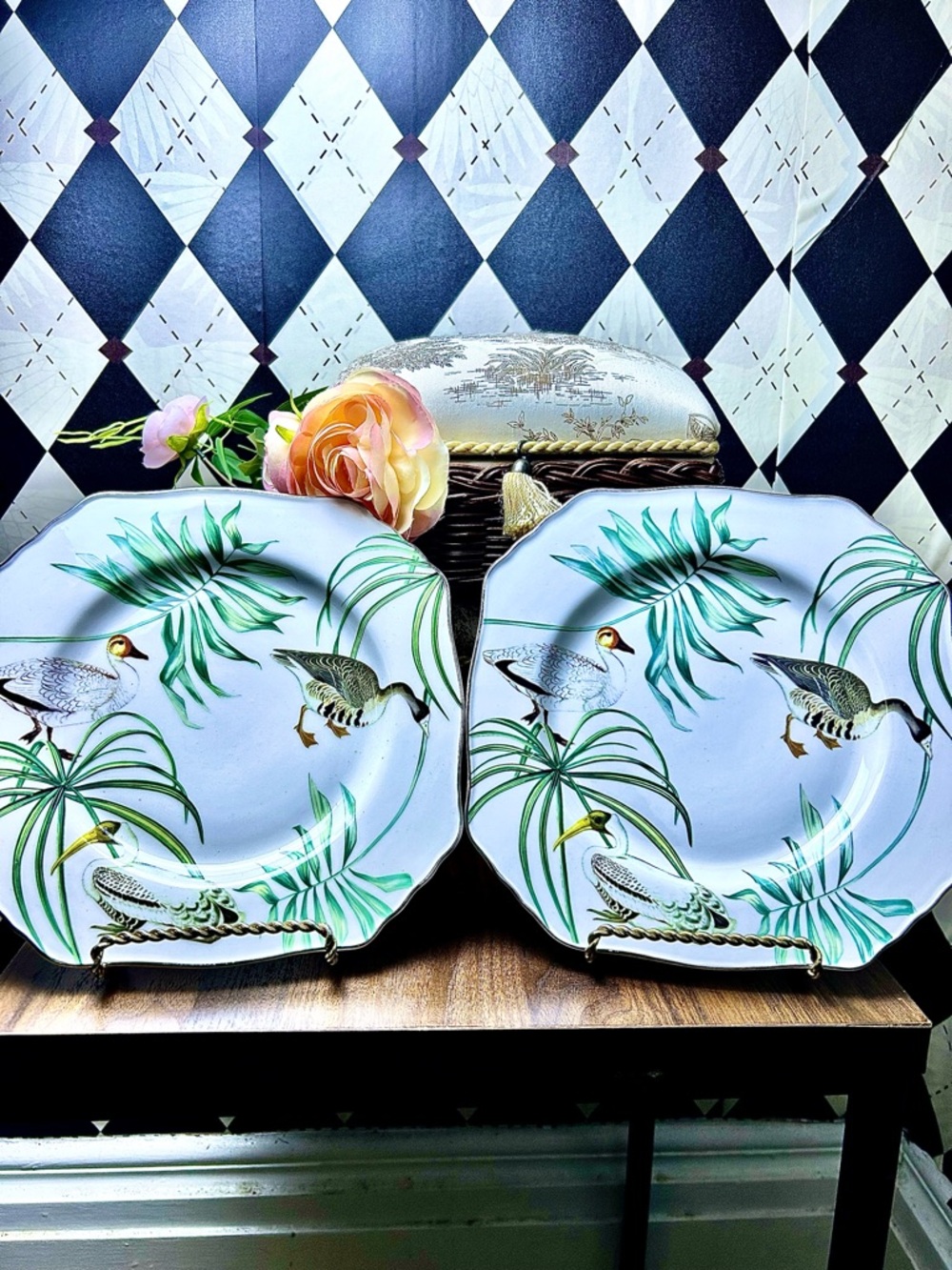 Vintage Tropical Palm & Mallard Porcelain Plates – Octagonal Decorative Pair - Picture 8 of 10